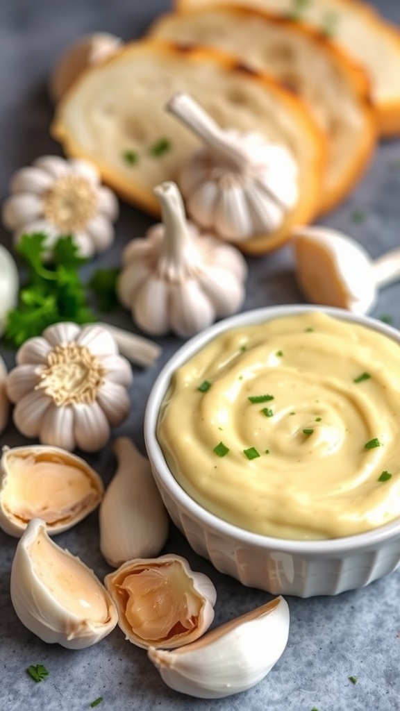 Homemade Garlic Bread Spread Recipe A bowl of garlic bread spread with garlic cloves and parsley, alongside toasted bread slices.